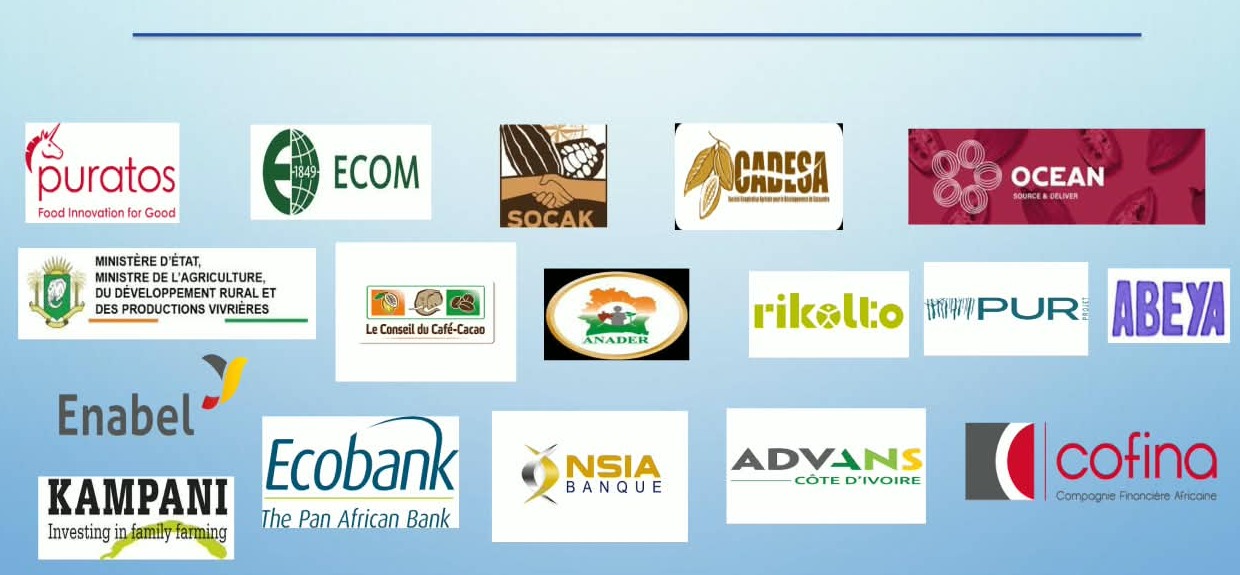 Logos des partenaires de la SCAMED COOP-CA : Puratos, Ecom, Socak, Cadesa, Ocean, Ministère de l'Agriculture, Conseil du Café-Cacao, Anader, Rikolto, PUR, Abeya, Enabel, Kampani, Ecobank, NSIA Banque, Advans, Cofina